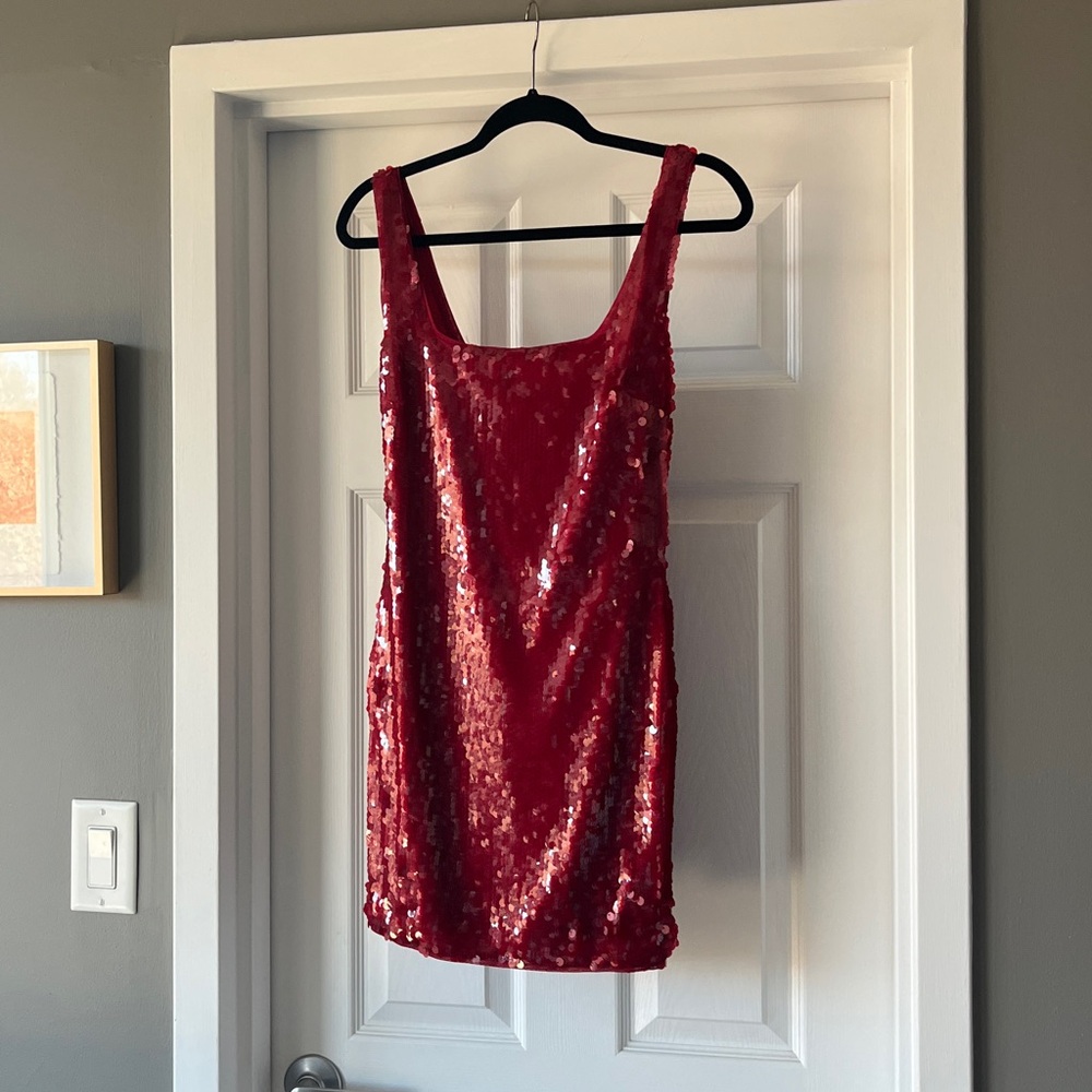 Staud Eclipse ruby red sequin dress